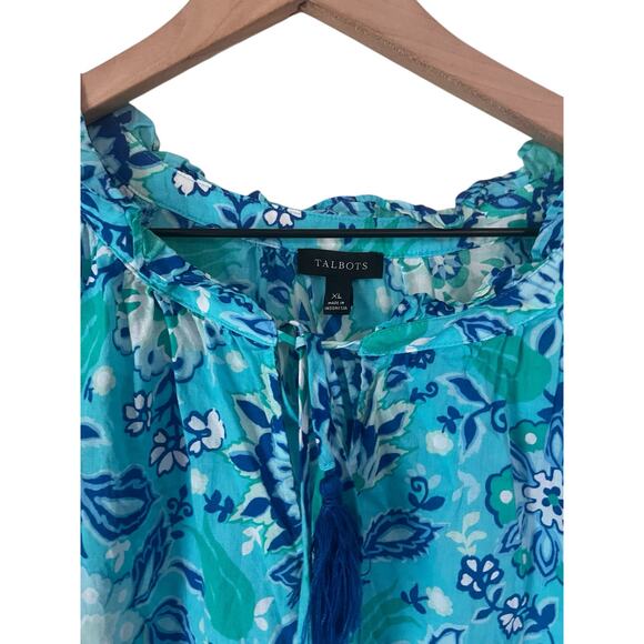 Talbots Womens Short Sleeve Blue Green Floral Tassel Lightweight Blouse Size XL - Picture 2 of 5
